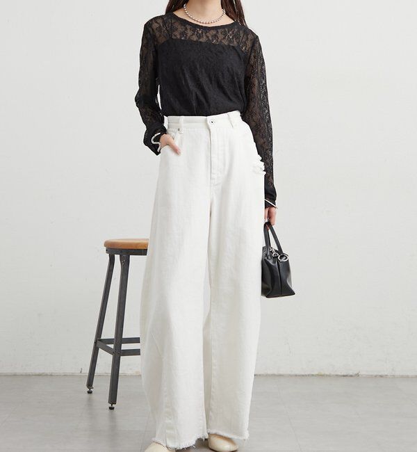  「裾ギャザーレースロングTシャツ」|Tシャツ・カットソー|