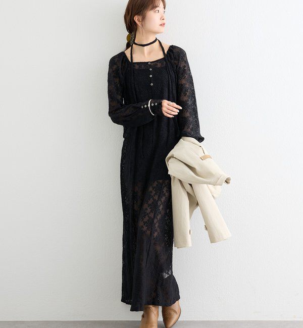  「フラワーレースロングワンピース」|ワンピース|ブラック