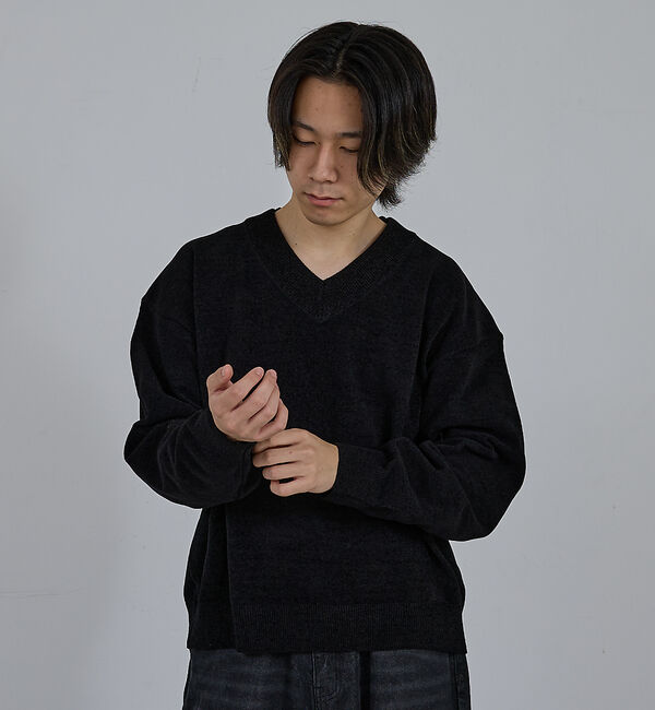 ABAHOUSE「【AH ABAHOUSE】ハイゲージモール クロップド Vネックニット」|ニット・セーター|ブラック