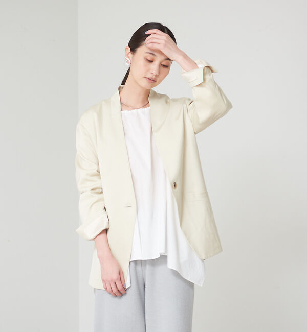 qualite「フィブリルサテンカーデジャケット」|ノーカラージャケット|