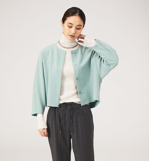 qualite「《セットアップ対応》ダブルクロスクロプドシャツジャケット【セージグリーン】」|ノーカラージャケット|セージグリーン