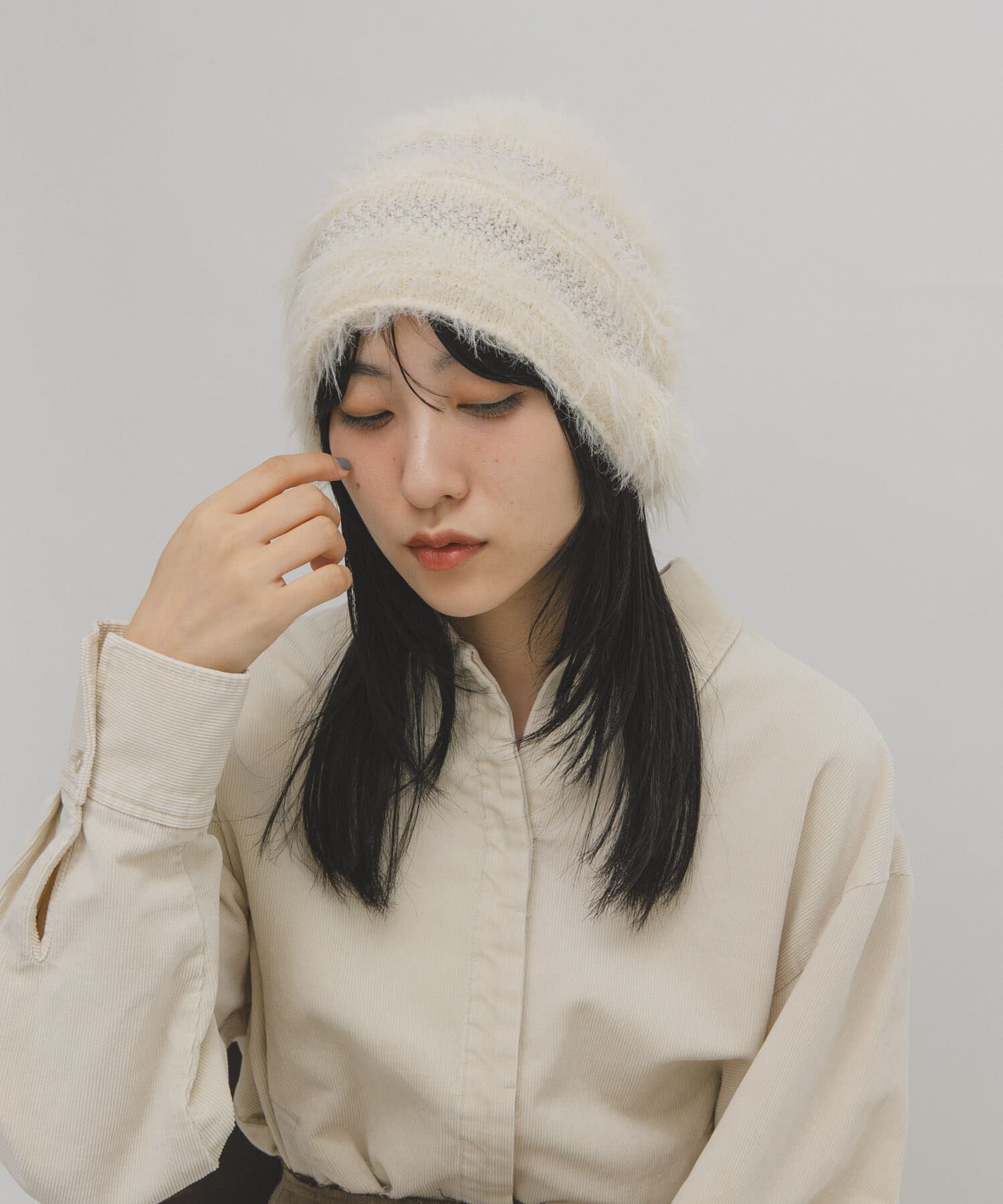  「ラインデザインシャギーニットビーニー」|ニット帽|