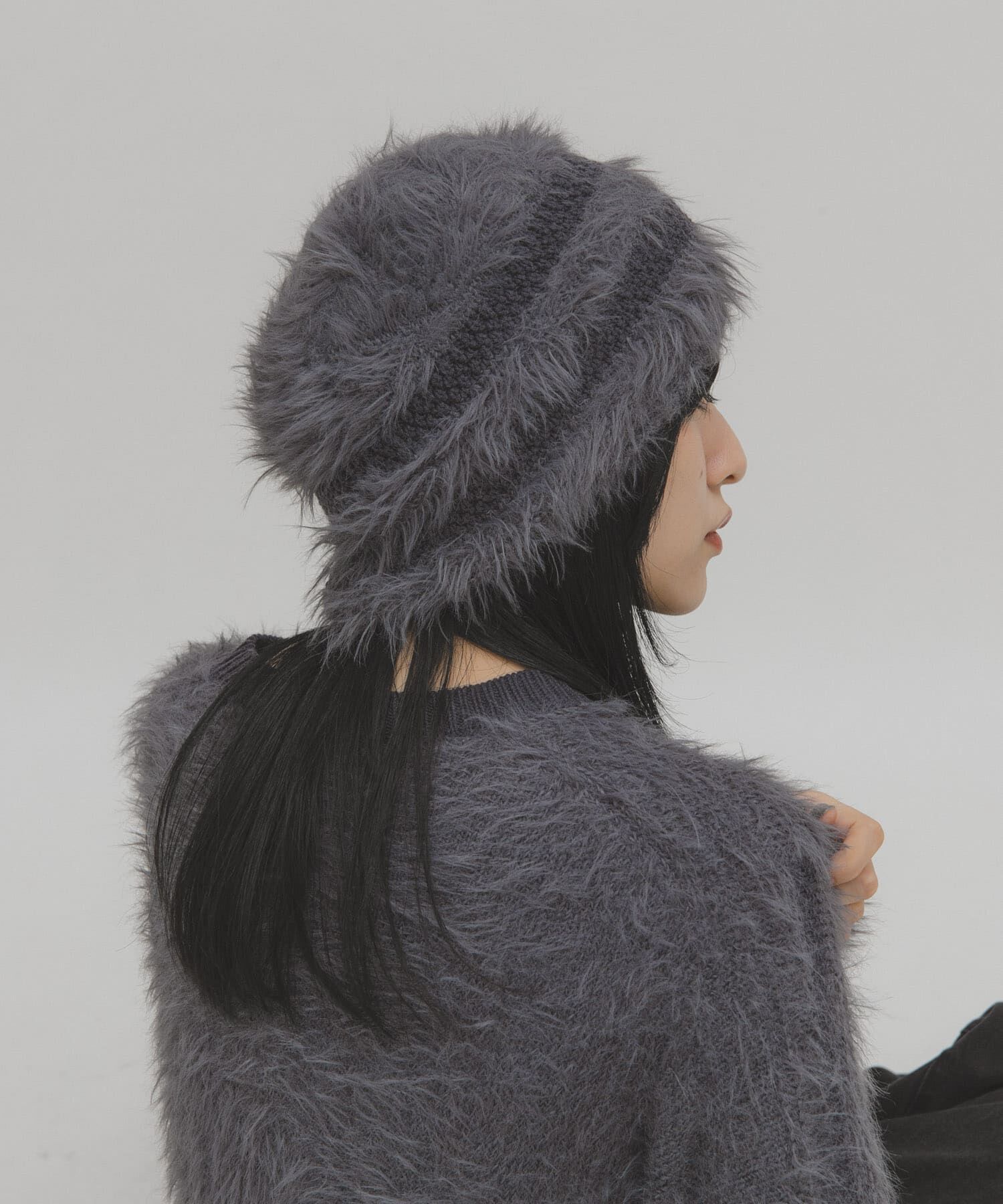  「ラインデザインシャギーニットビーニー」|ニット帽|