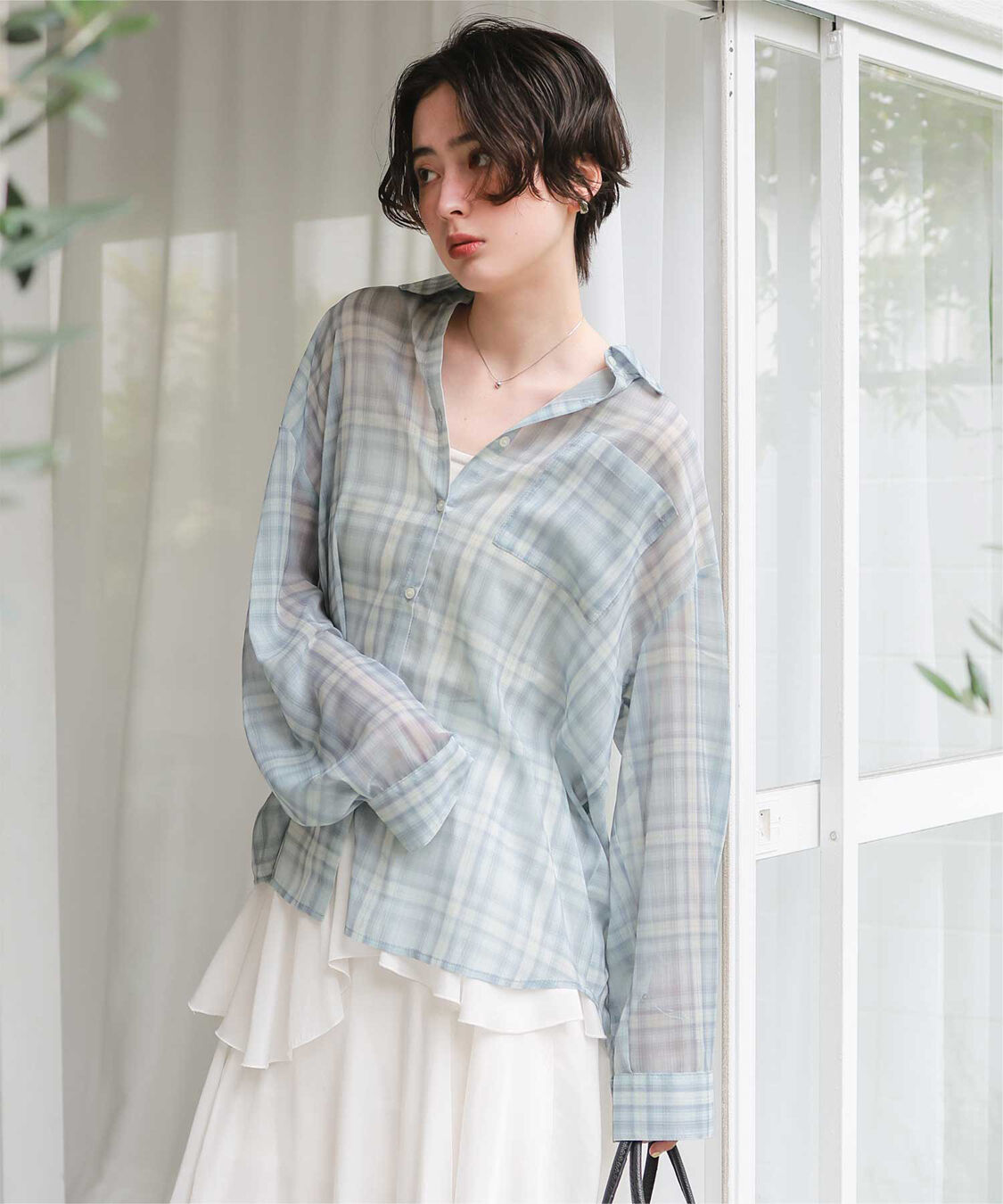 titivate「シアーチェックデザインシャツ」|シャツ・ブラウス|ブルー