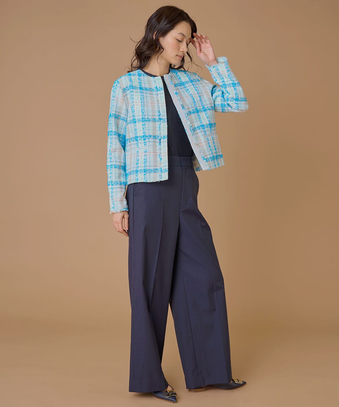 INED「ノーカラーツイードジャケット《LINTON》」|ノーカラージャケット|