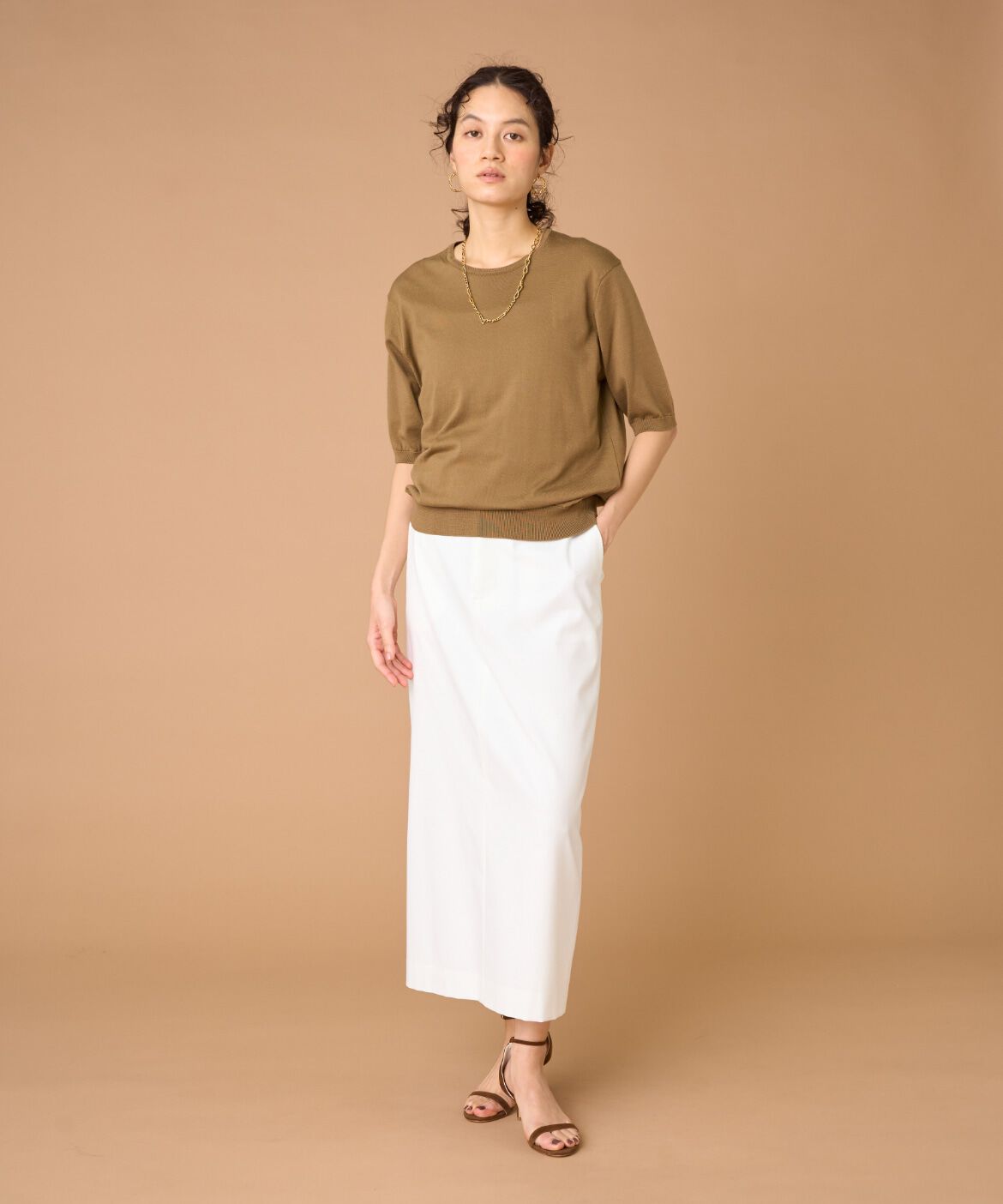 INED「FF30ゲージクルーネック5分袖ニット」|ニット・セーター|