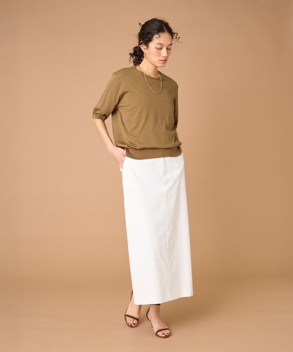 INED「FF30ゲージクルーネック5分袖ニット」|ニット・セーター|