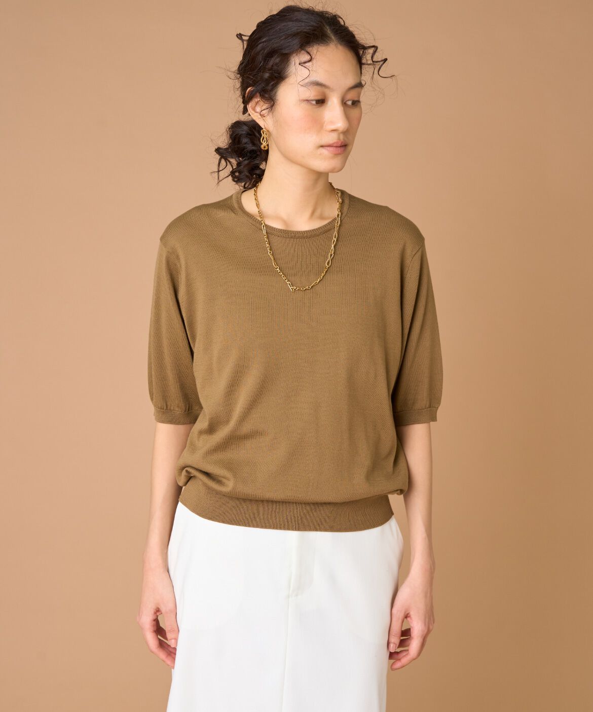 INED「FF30ゲージクルーネック5分袖ニット」|ニット・セーター|