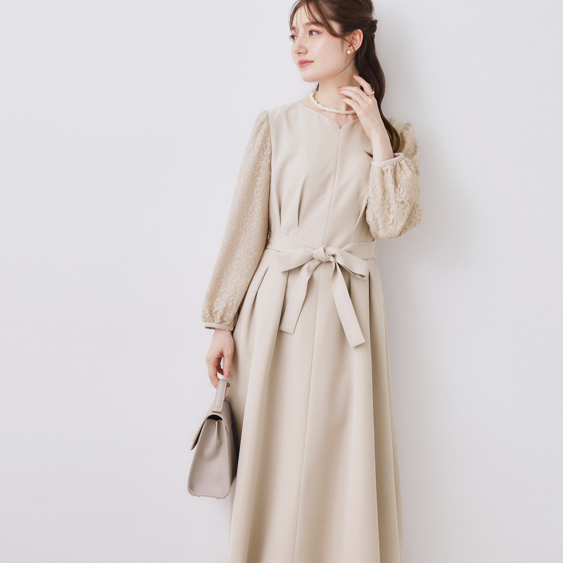 Couture broach「【ハレの日・通勤】レース袖タックフレアワンピース」|ワンピース|