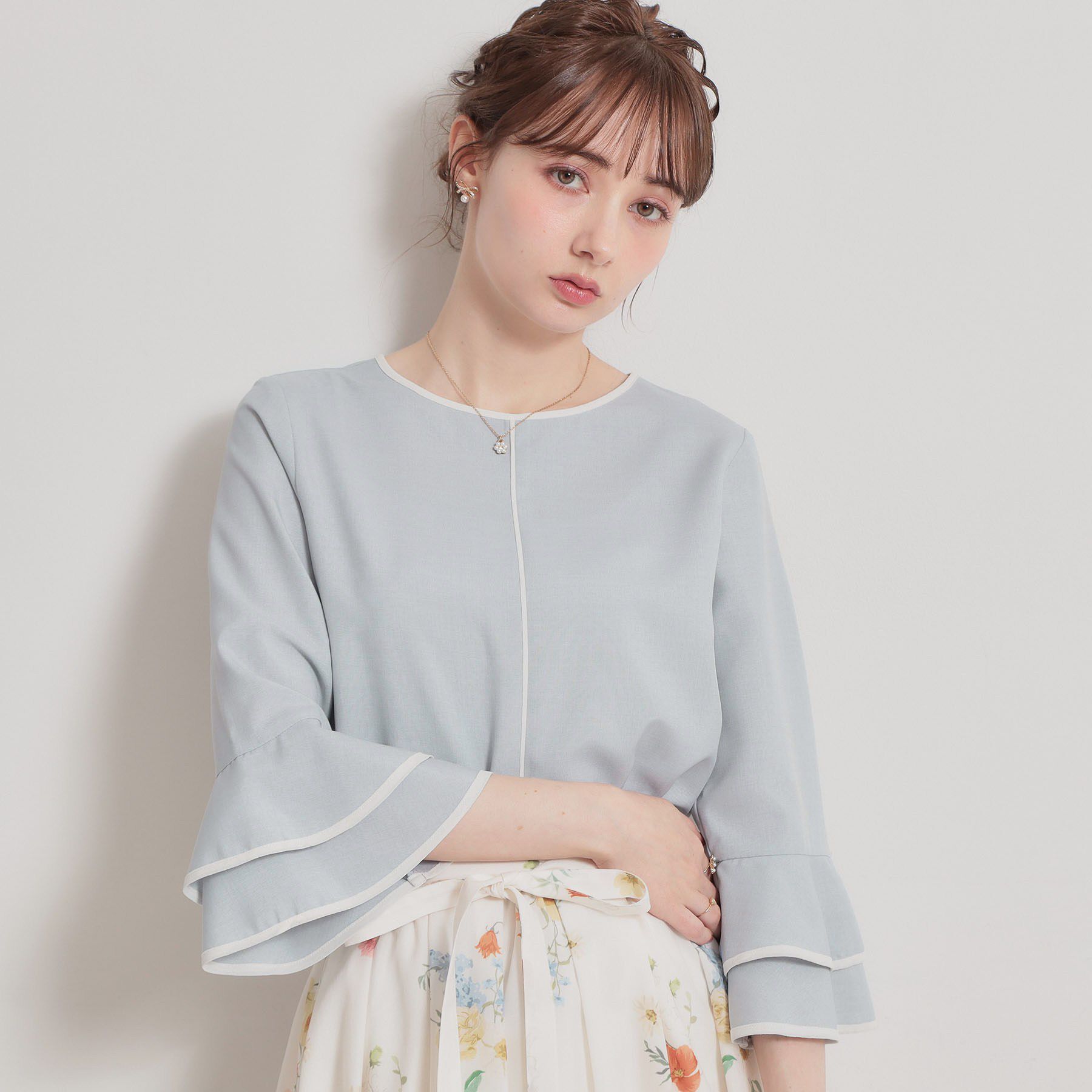 Couture broach「配色ラッフルブラウス」|シャツ・ブラウス|ブルー(591)