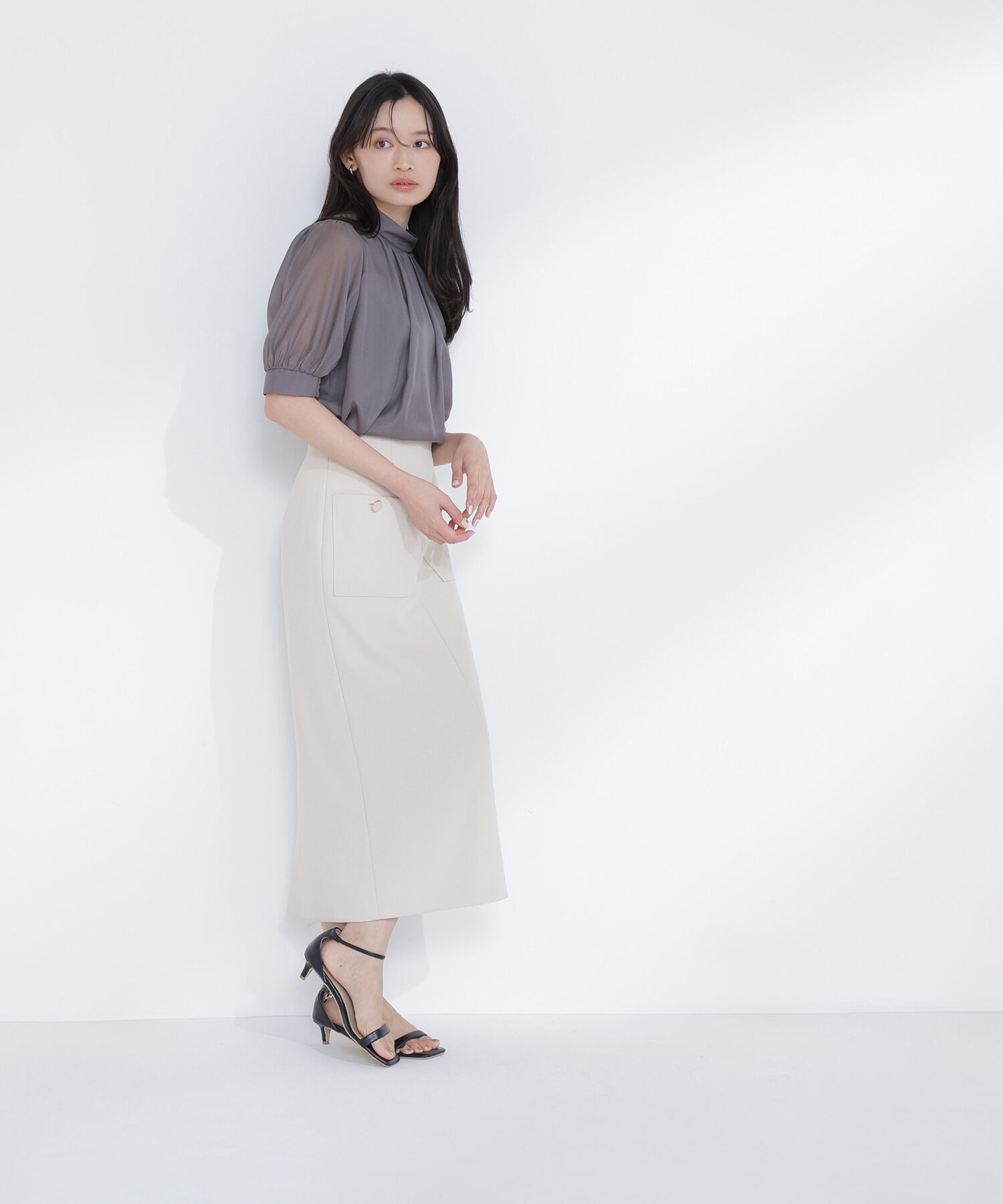  「ハイネックシアースリーブブラウス半袖」|シャツ・ブラウス|