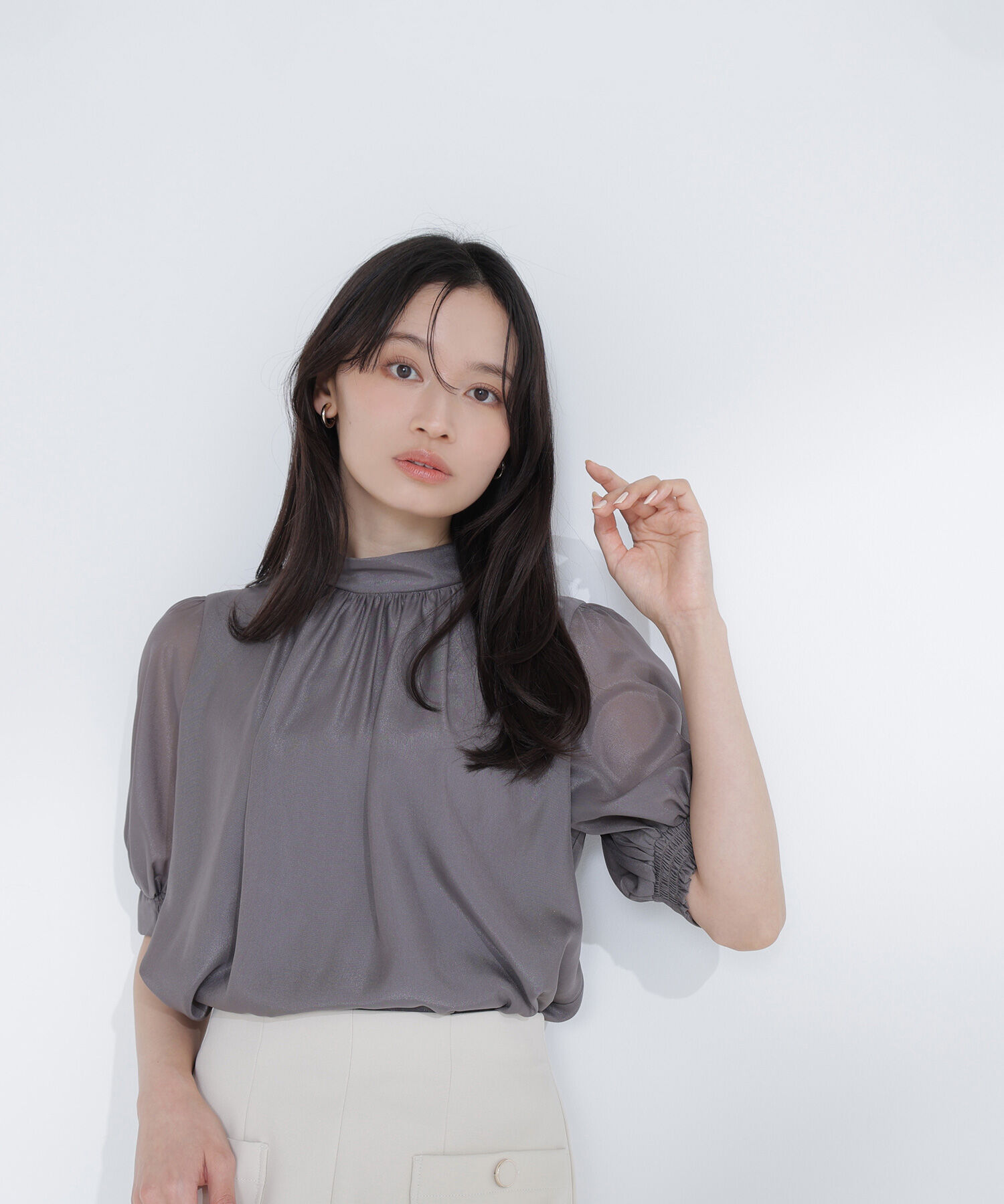  「ハイネックシアースリーブブラウス半袖」|シャツ・ブラウス|