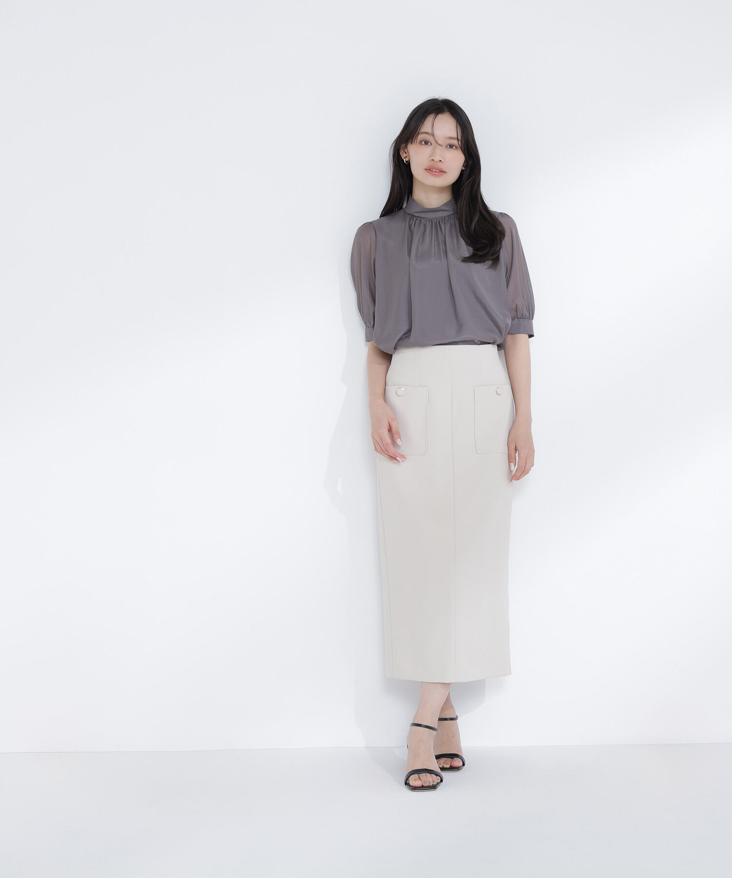  「ハイネックシアースリーブブラウス半袖」|シャツ・ブラウス|