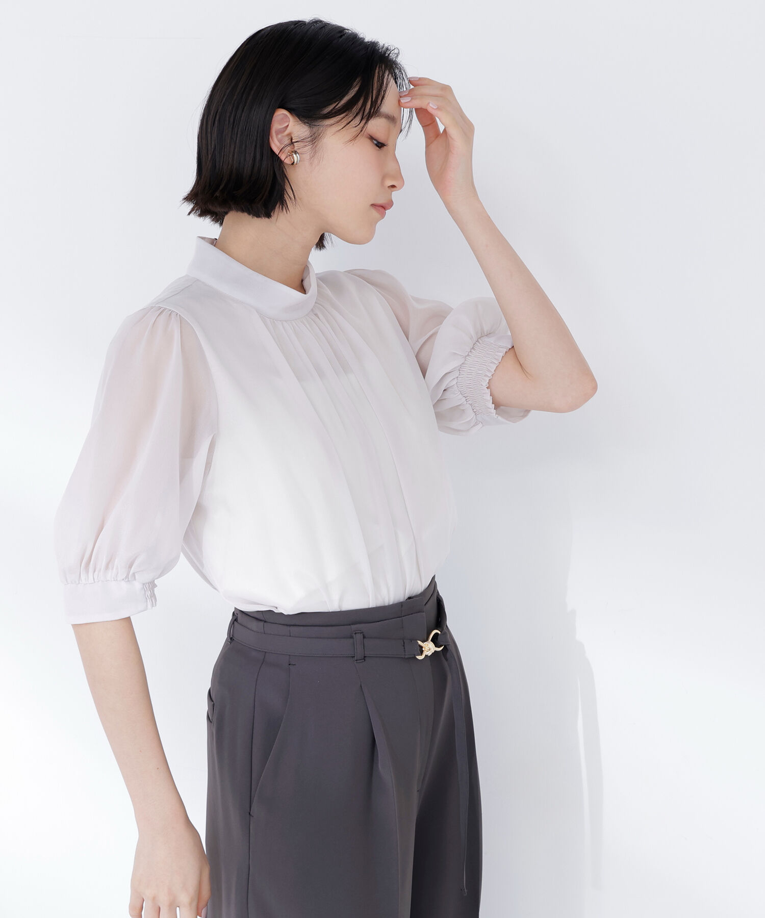  「ハイネックシアースリーブブラウス半袖」|シャツ・ブラウス|