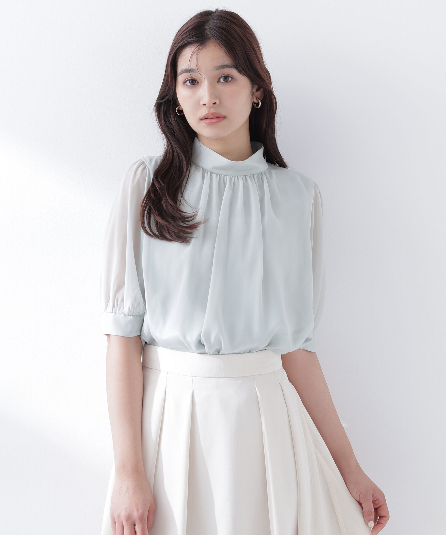  「ハイネックシアースリーブブラウス半袖」|シャツ・ブラウス|