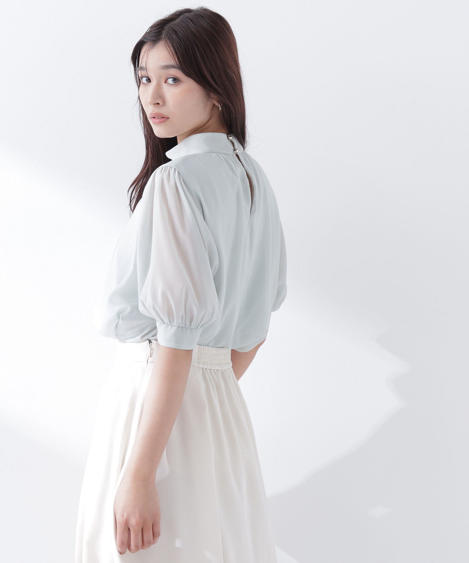  「ハイネックシアースリーブブラウス半袖」|シャツ・ブラウス|