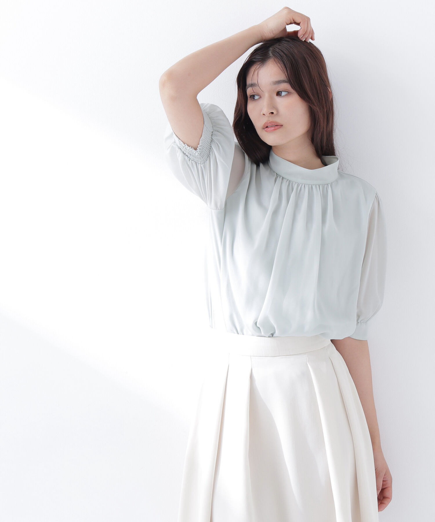  「ハイネックシアースリーブブラウス半袖」|シャツ・ブラウス|