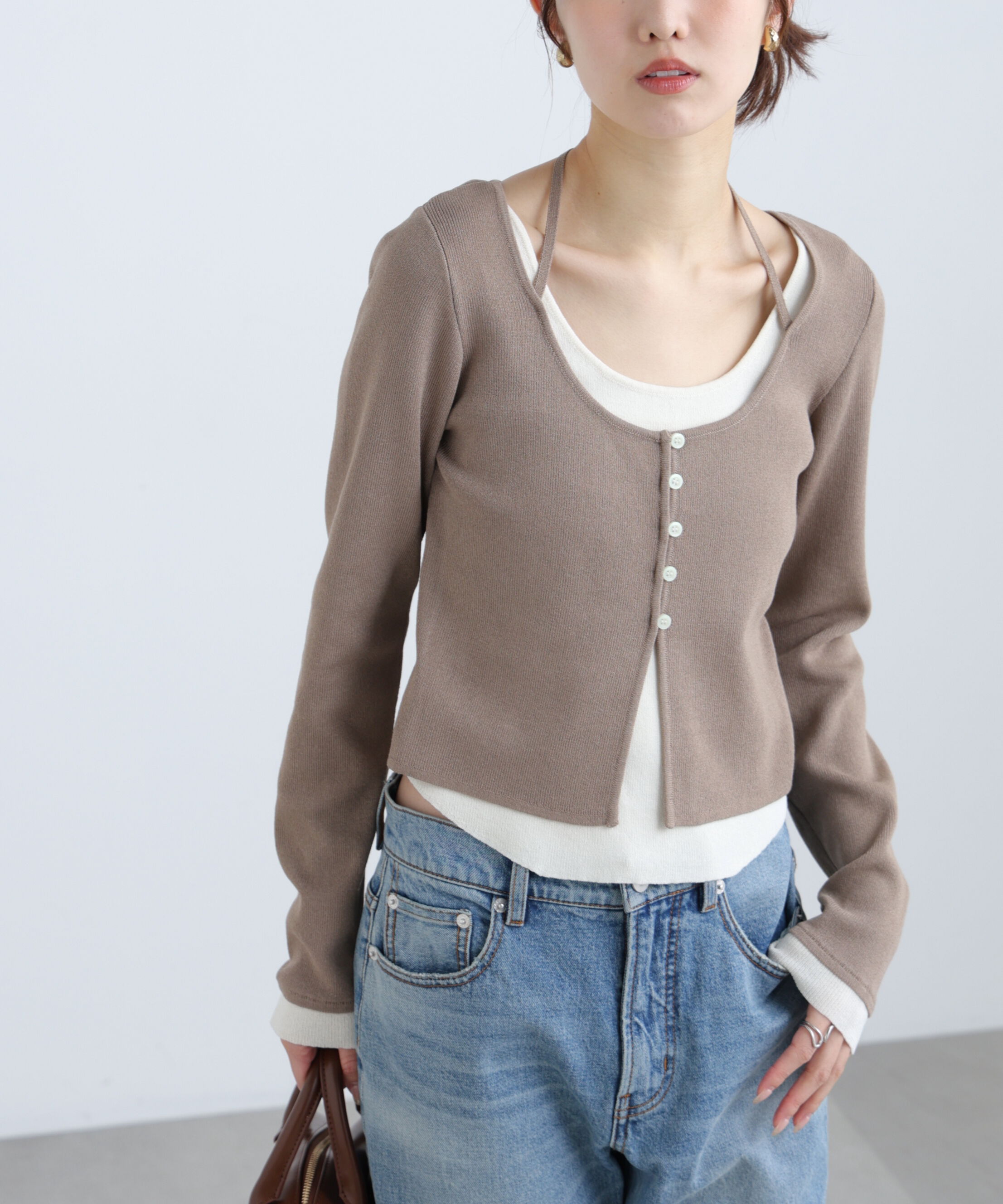  「キャミレイヤードクルーネックニット」|ニット・セーター|モカ