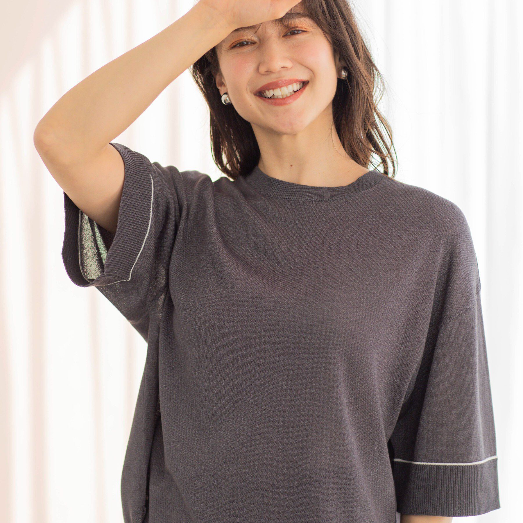 SHOO･LA･RUE「配色ラインニットTシャツ」|ニット・セーター|チャコールグレー(0