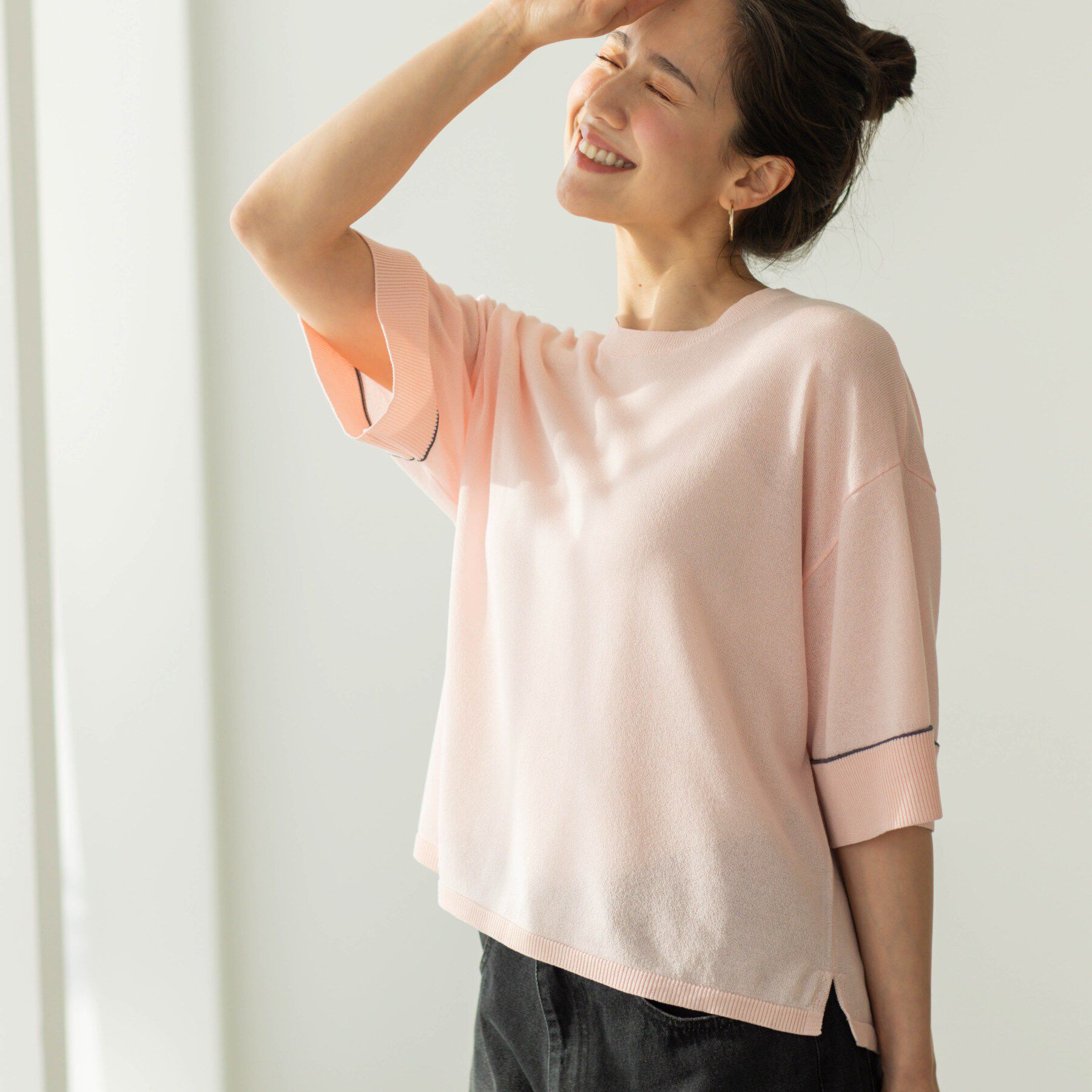 SHOO･LA･RUE「配色ラインニットTシャツ」|ニット・セーター|ライトピンク(070