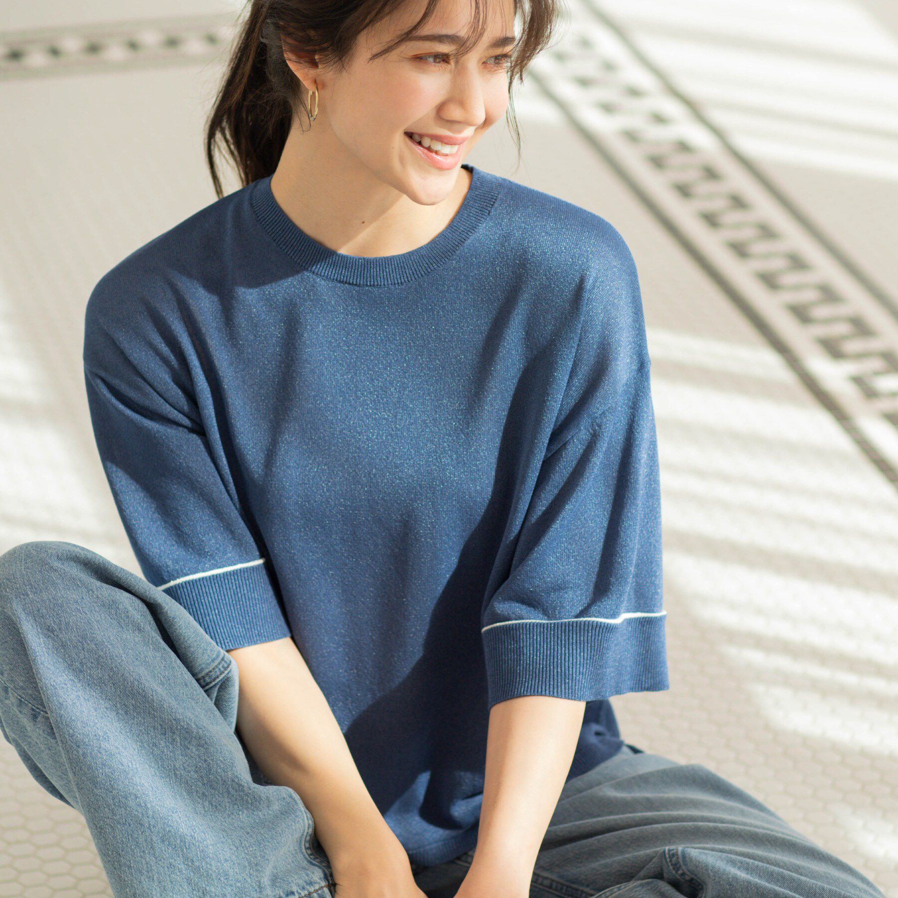 SHOO･LA･RUE「配色ラインニットTシャツ」|ニット・セーター|ブルー(093)