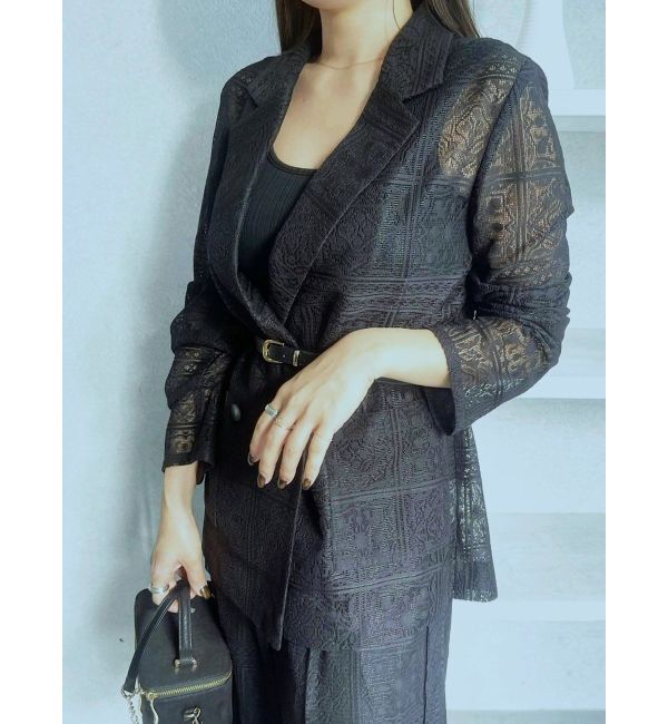 LAGUNAMOON「タイルパターンレースダブルジャケット」|テーラードジャケット|ブラック