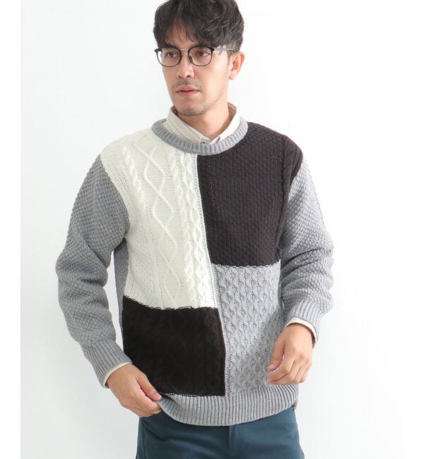 ikka「ブロック切り替えニット」|プルオーバー|グレイ
