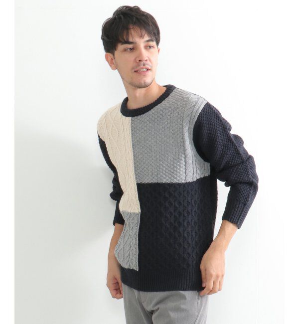 ikka「ブロック切り替えニット」|プルオーバー|ネイビー