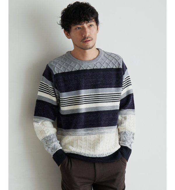 ikka「【洗濯機で洗える】モールミックスボーダーニット」|プルオーバー|