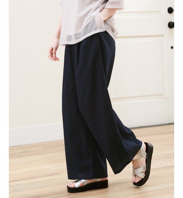 ikka「麻混ベルト付きイージーパンツ」|その他|ネイビーブルー