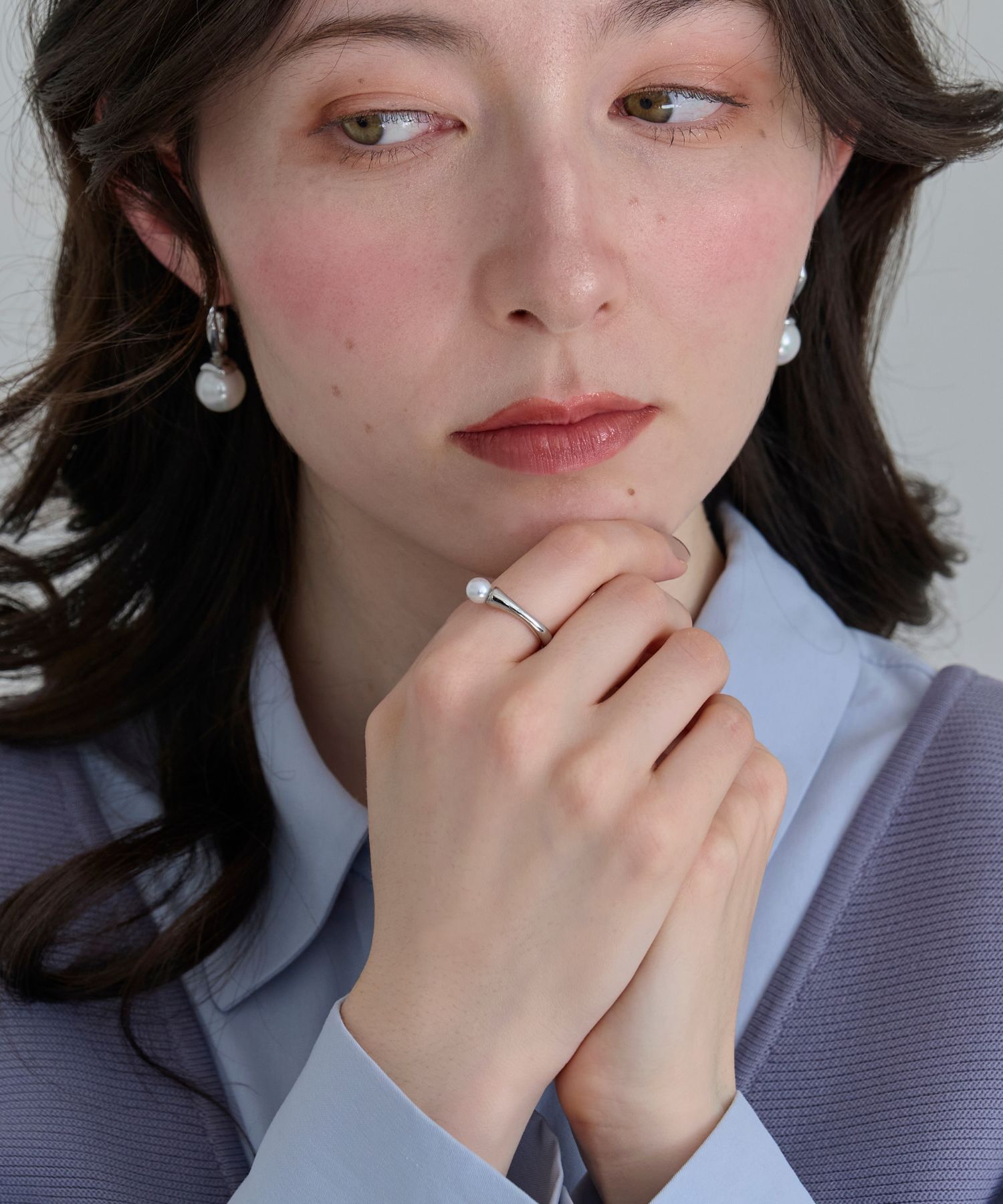 Phoebe「【金属アレルギー対応】ラスターフレームパールカフリング　シルバー/ステンレス/大ぶり/主役級/変形」|リング|