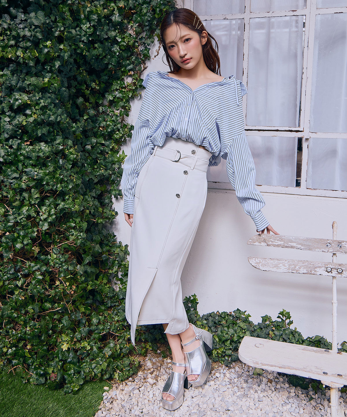 REDYAZEL「バイカラーステッチカッティングハイウエストタイトロングスカート」|タイト|エクリュ