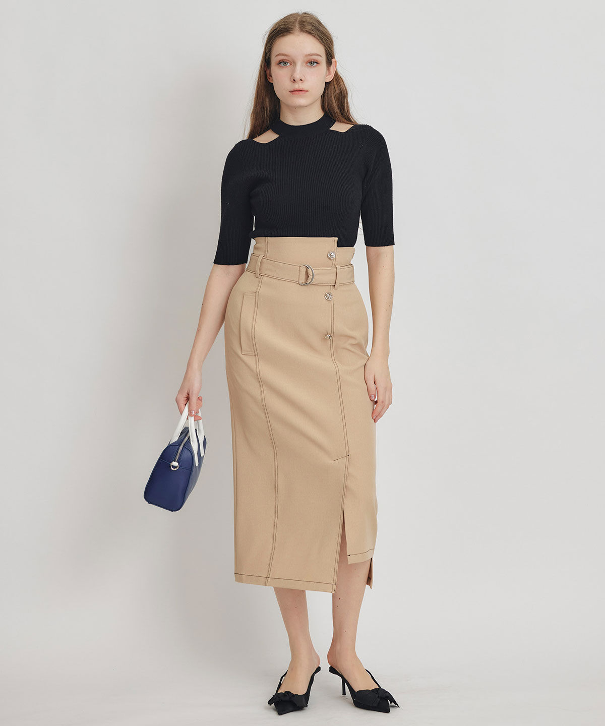 REDYAZEL「バイカラーステッチカッティングハイウエストタイトロングスカート」|タイト|