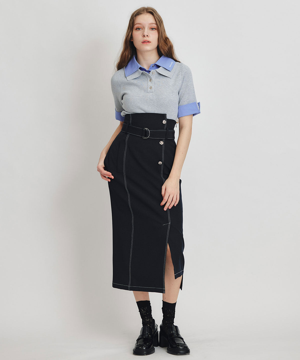 REDYAZEL「バイカラーステッチカッティングハイウエストタイトロングスカート」|タイト|