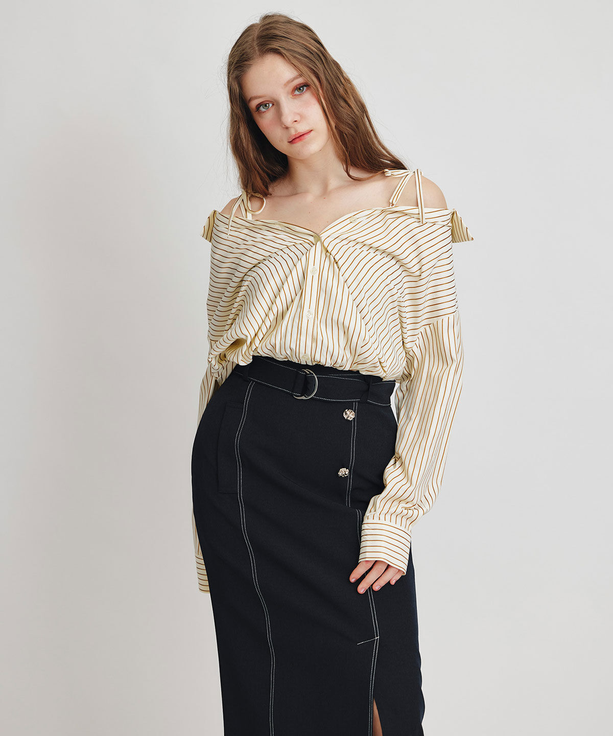 REDYAZEL「バイカラーステッチカッティングハイウエストタイトロングスカート」|タイト|