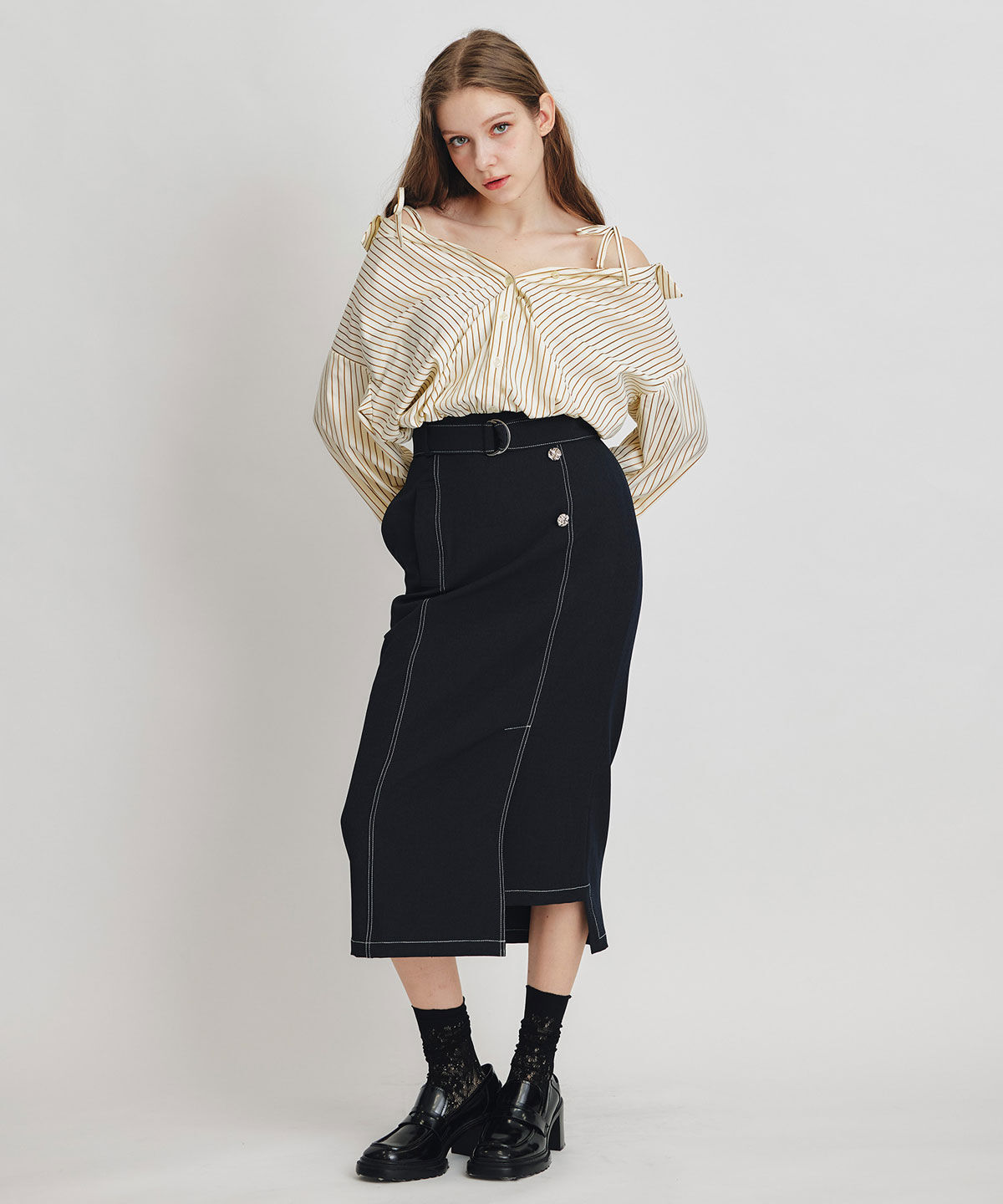 REDYAZEL「バイカラーステッチカッティングハイウエストタイトロングスカート」|タイト|