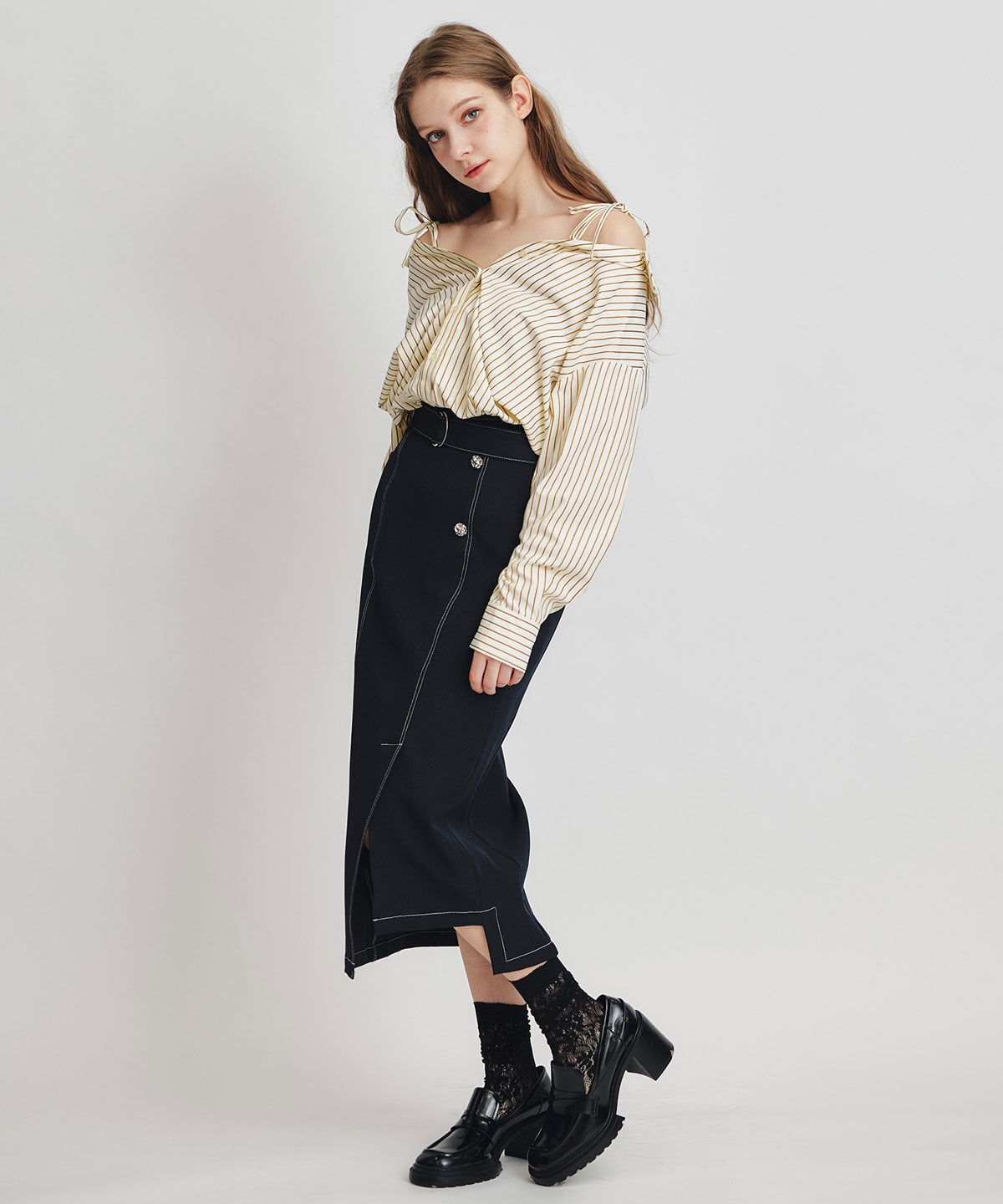 REDYAZEL「バイカラーステッチカッティングハイウエストタイトロングスカート」|タイト|