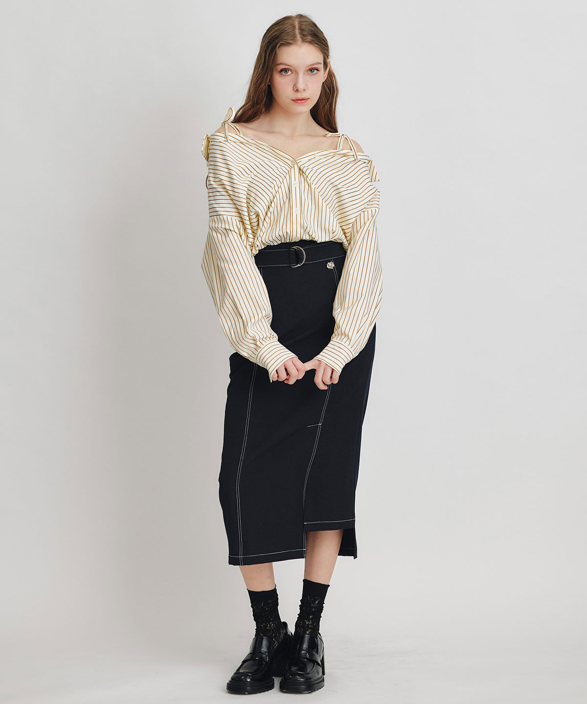 REDYAZEL「バイカラーステッチカッティングハイウエストタイトロングスカート」|タイト|