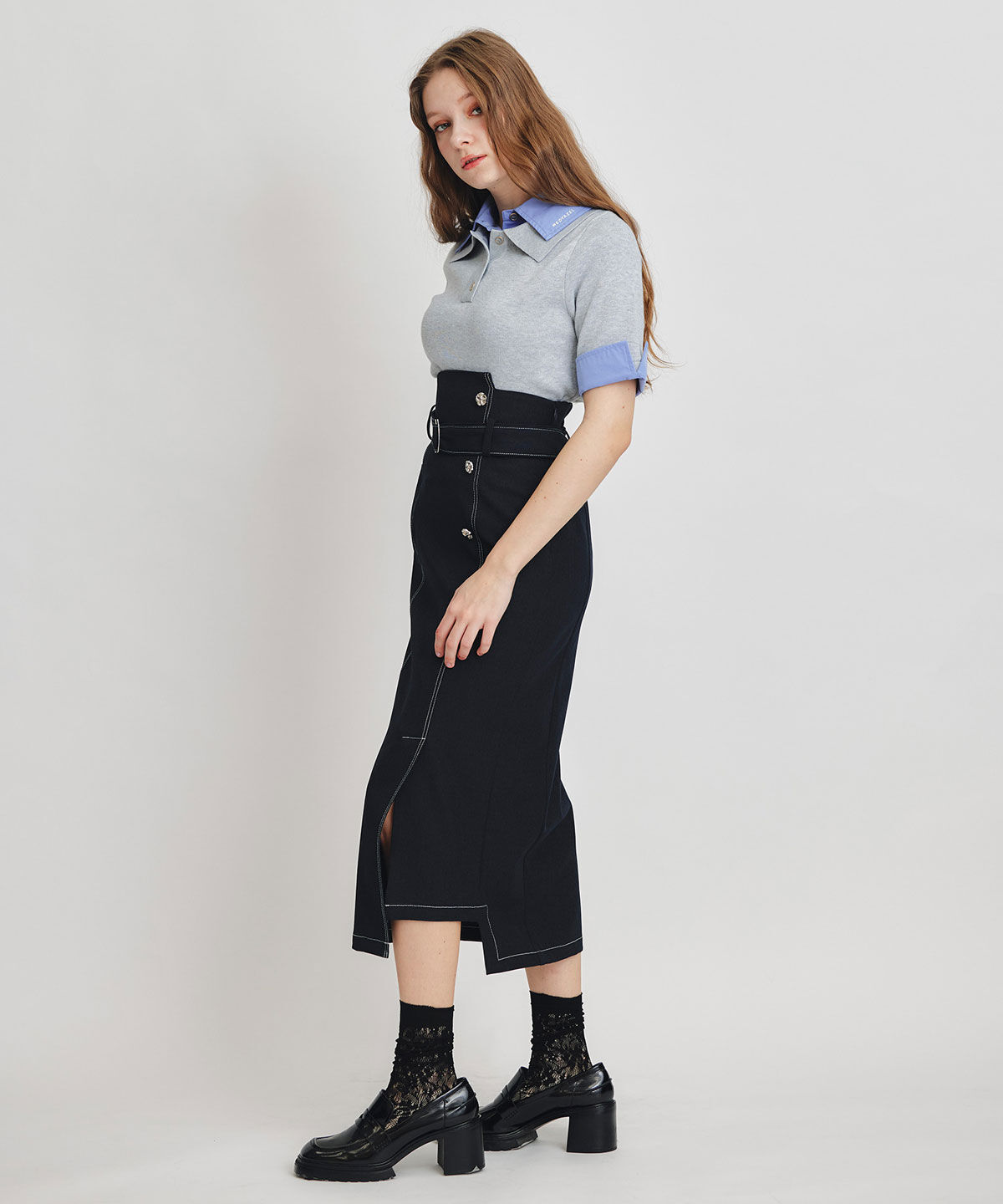 REDYAZEL「バイカラーステッチカッティングハイウエストタイトロングスカート」|タイト|