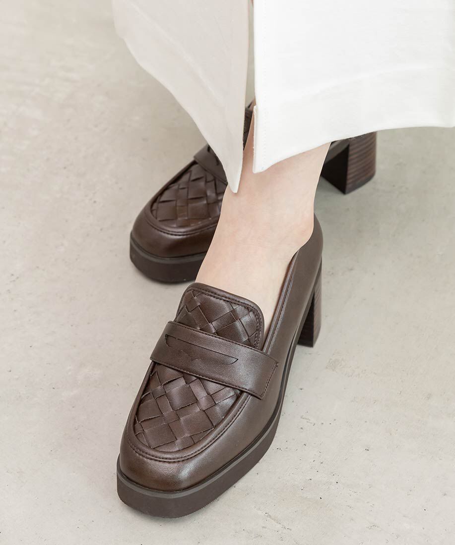  「ウーブンデザインヒールローファー」|ローファー|ダークブラウン