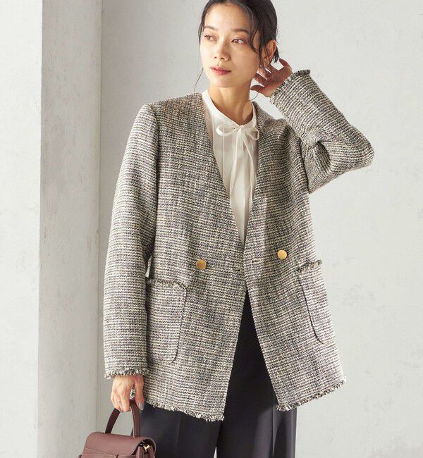 SHIPS for women「トライスピン 杢 ツイード カラーレス ジャケット（セレモニー対応可）」|ノーカラージャケット|ブラック