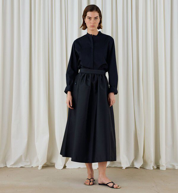 DES PRES「シルクポリエステルツイル ギャザーロングスカート」|フレア|