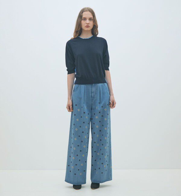 MACPHEE「ボタニカルエンブロイダリーデニム タックワイドパンツ」|デニム|