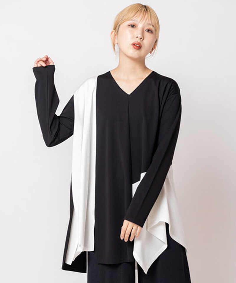  「アシンメトリー切替フレアープルオーバー」|Tシャツ・カットソー|BLACK