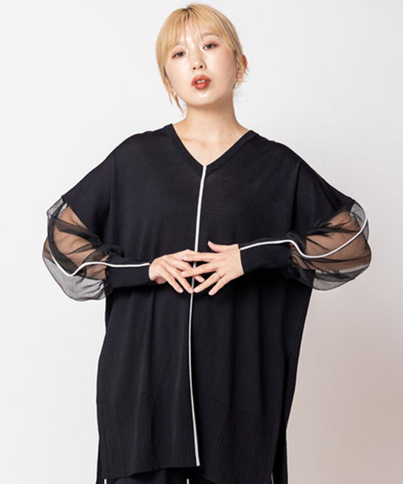  「2WAY配色ラインニットプルオーバー」|Tシャツ・カットソー|BLACK