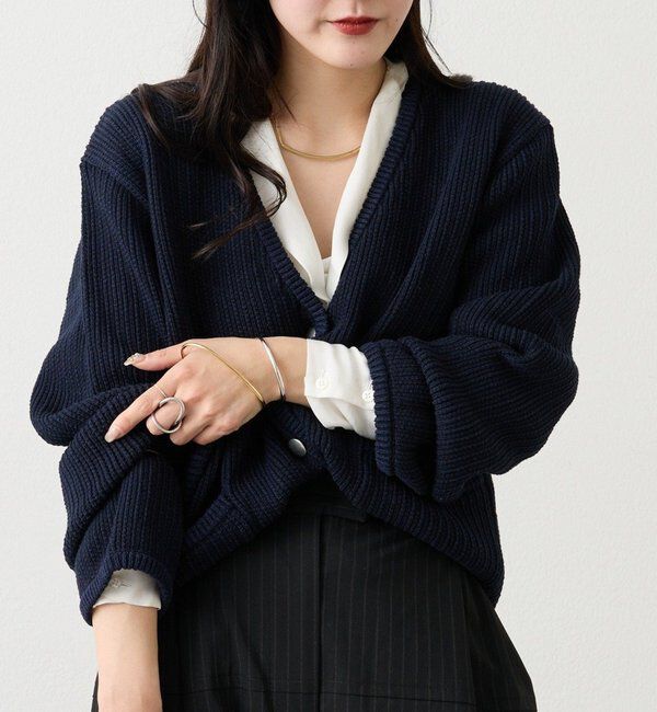  「ノーカラーニットジャケット」|カーディガン|ネイビー