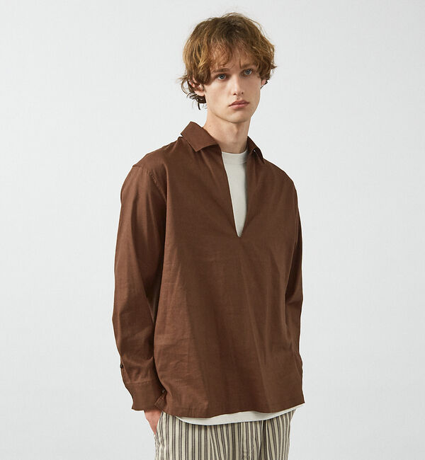 ABAHOUSE「【リネンブレンド】スキッパー プルオーバーシャツ」|シャツ・ブラウス|ブラウン