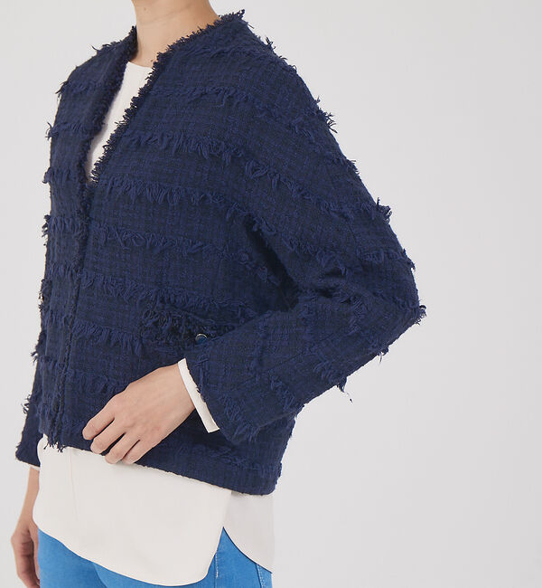 qualite「フリンジツィードジャケット」|ノーカラージャケット|