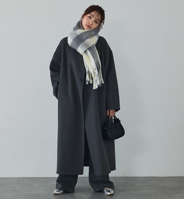 abahouse mavie「【体型カバー】ノーカラーロングコート/冬服/長袖/フォーマル/セミオケ/ウール混」|ノーカラーコート|チャコールグレー
