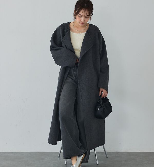 abahouse mavie「【体型カバー】ノーカラーロングコート/冬服/長袖/フォーマル/セミオケ/ウール混」|ノーカラーコート|